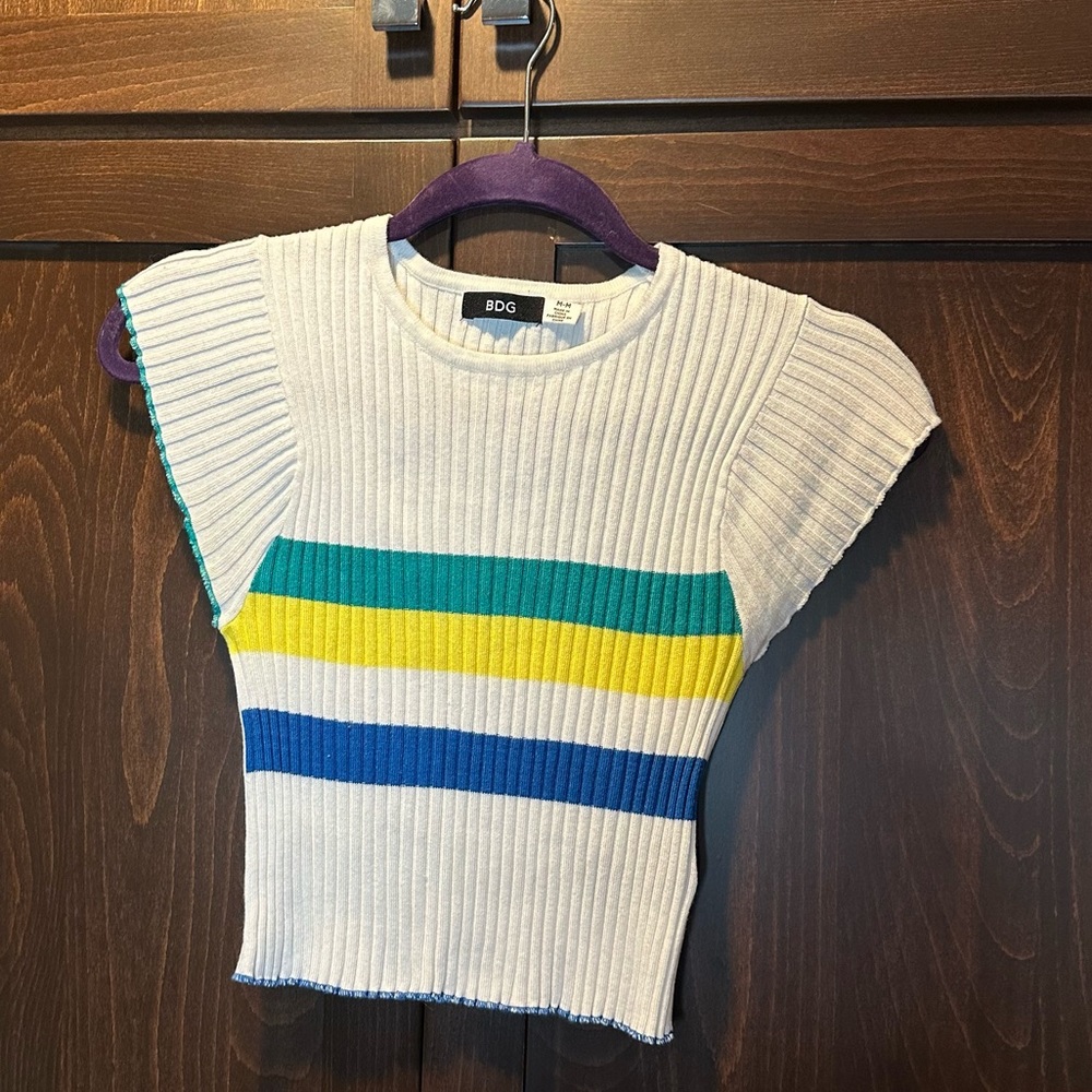 BDG Urban Outfitters White Ribbed Green Yellow Blue Striped Retro Top Size M